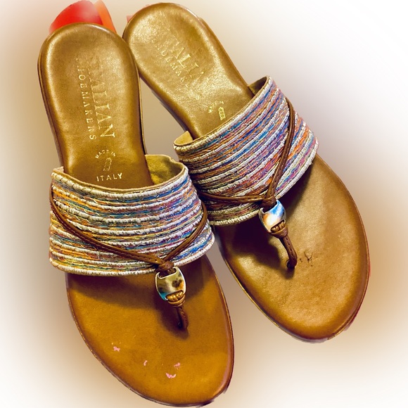Italian Shoe Makers Soft Brown Leather Sandals Woven Metallic Rainbow Thong 9.5 - Picture 7 of 16